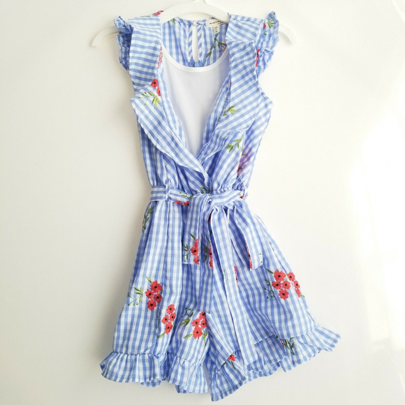 MONTEAU GIRLS EMBROIDED GINGHAM ONE PIECE ROMPER - Picture 1 of 4